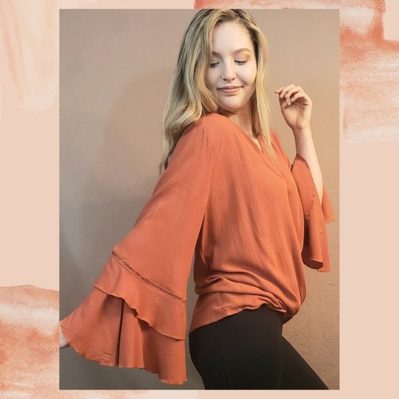 Burnt Orange Ruffle Bell Sleeve Surplus Blouse - Picture 4 of 6